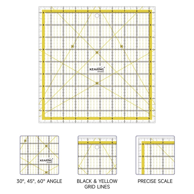 KEARING KERING Square Quilting Ruler - 9.5x9.5 inch Anti-Slip Acrylic Ruler for Patchwork Piecing, Bias Strips & Rotary Cutting, Professional Quilter's Tool with Dual-Angle Guide - Image 4